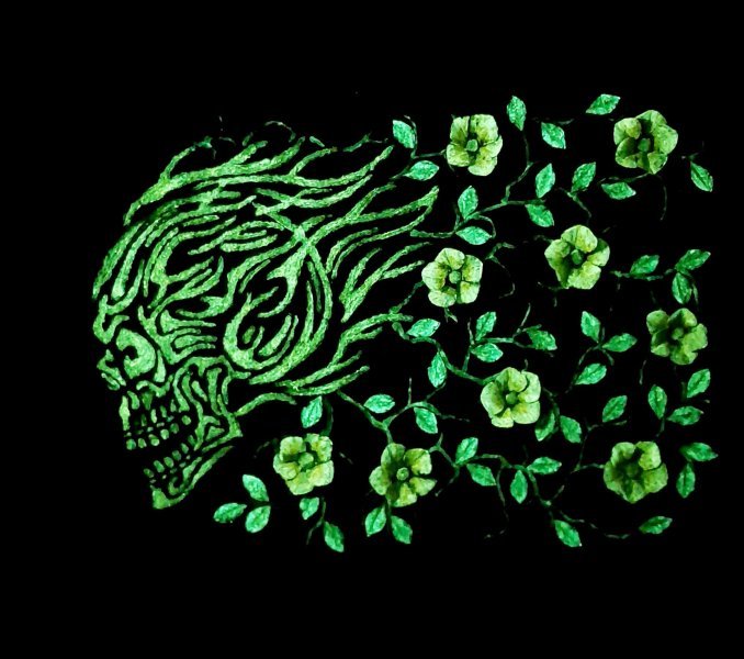 Blooming Transformation: Skull and Flowers Drawing - Janna Kravcova
