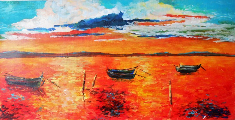 Post-Impressionism Marine Art Painting Marina at sunset by painter francesco ottobre acrylic canvas 