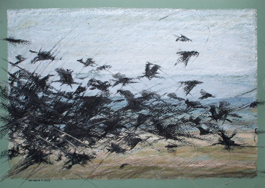 Abstraccionismo Paisaje Gráfico "Cuervos" ilustrador Herobora Myhaylivna Zdraste pastel papel 