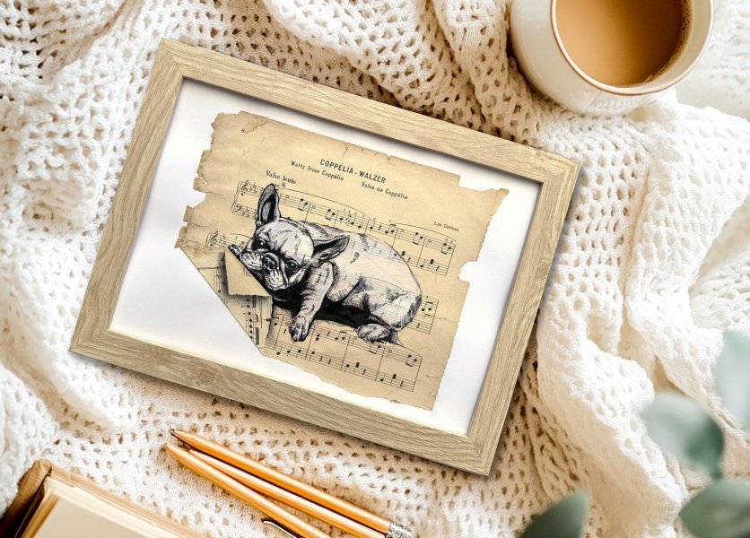 Additional view 1: Fine Art Animal Drawing French Bulldog Dog Lover Gift by illustrator Julia Shilo drawing ink paper 