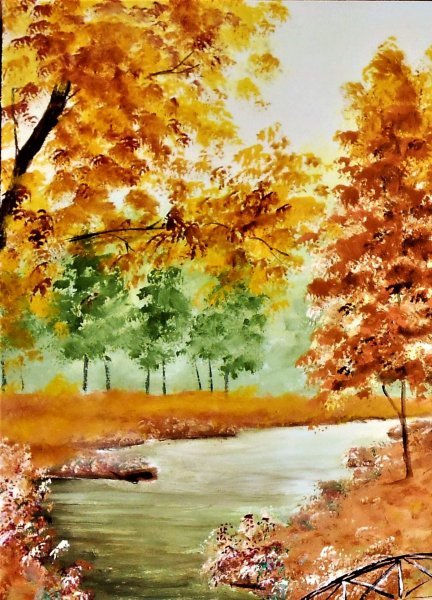 Imagen adicional 1: Posimpresionismo Paisaje Pintura "Pequeño puente en el bosque", pintor francesco ottobre pintura al agua madera 