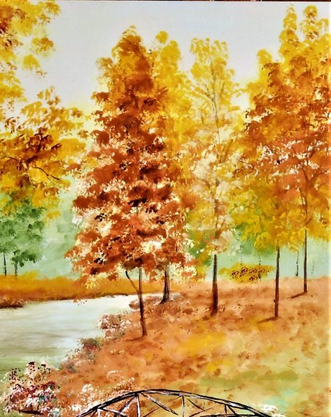 Imagen adicional 2: Posimpresionismo Paisaje Pintura "Pequeño puente en el bosque", pintor francesco ottobre pintura al agua madera 