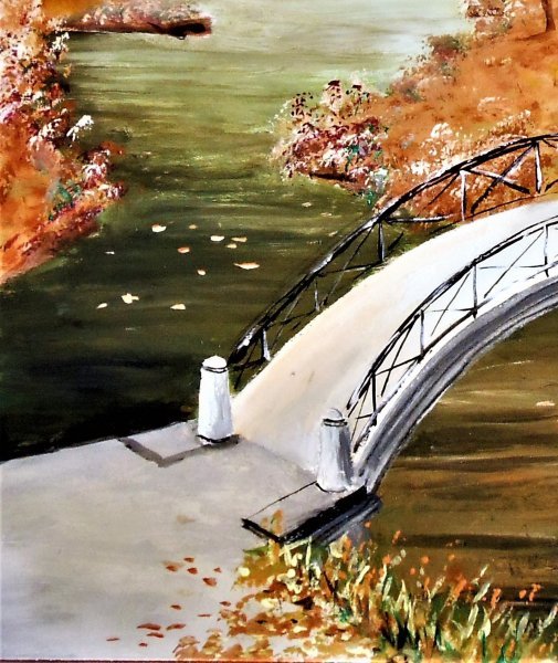 Imagen adicional 3: Posimpresionismo Paisaje Pintura "Pequeño puente en el bosque", pintor francesco ottobre pintura al agua madera 