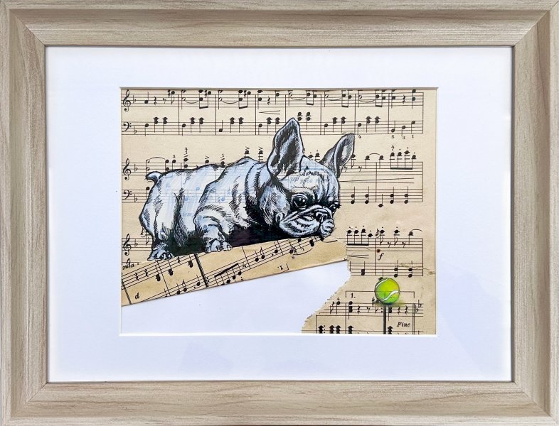 Arte pop Animalista Gráfico "Bulldog francés y arte pop con pelota" ilustrador Julia Shilo tinta papel 