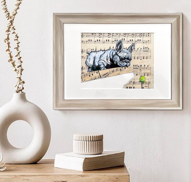 Imagen adicional 1: Arte pop Animalista Gráfico "Bulldog francés y arte pop con pelota", ilustrador Julia Shilo tinta papel 