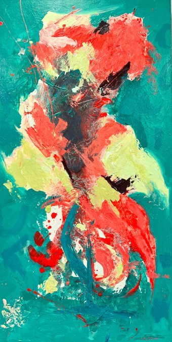 Painting "Dancing Flamingo" by painter Kathy OConner acrylic canvas at Jose Art Gallery