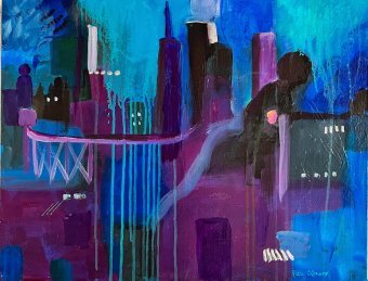 Painting "Second City Exodus" by painter Kathy OConner acrylic canvas at Jose Art Gallery