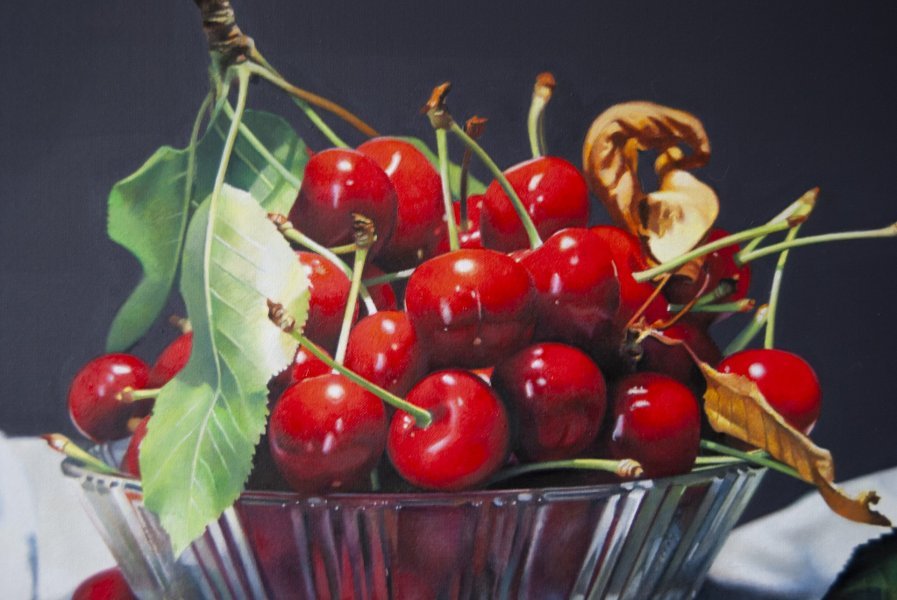 Immagine aggiuntiva 4: Fotorealismo Natura morta Pittura "Natura morta di ciliegie iperrealistica", pittore Valeri Tsvetkov olio tela 