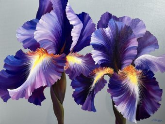 Painting "A Pair of Bright Irises: The Grandeur of Nature" by painter Anna Shkolik acrylic canvas at Jose Art Gallery