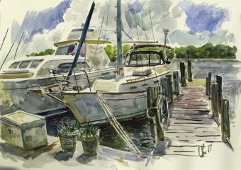 Painting "Yachts in Porto: Sea Charm" by painter Leon Katz watercolor paper at Jose Art Gallery