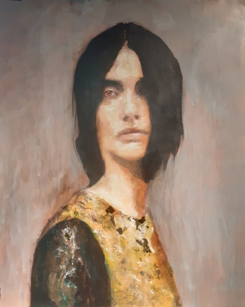 Réalisme Portrait Peinture "Femme évidemment forte" peintre Lochter Andreas huile carton 