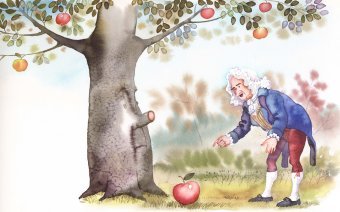 Painting "Newton and the apple" by painter Manuel U.Lima watercolor cardboard at Jose Art Gallery