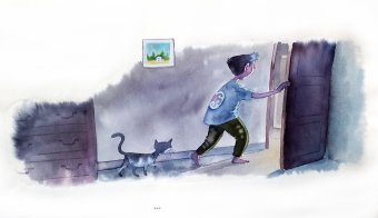 Painting "BOY WITH CAT" by painter Manuel U.Lima watercolor cardboard at Jose Art Gallery