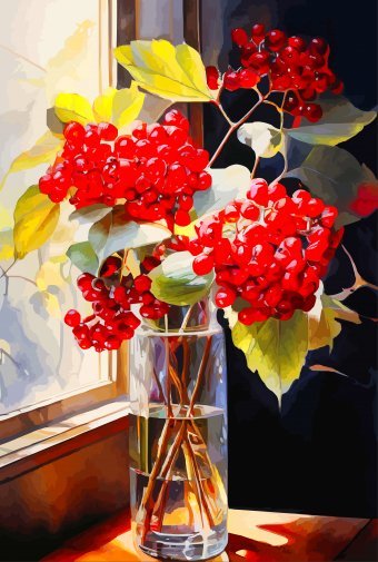Digital Art "Window Vase with Berries" by digital artist Viktor Levchenko at Jose Art Gallery