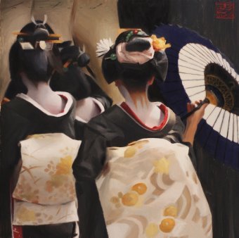 Painting "Visiting a Teahouse" by painter Phil Couture oil canvas at Jose Art Gallery