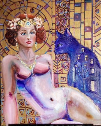 Painting "Golden Adele of the 21st century with a cat" by painter Irina Dashkina oil canvas at Jose Art Gallery