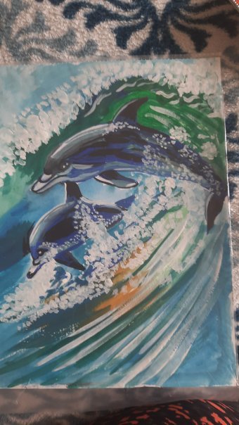 Painting "Dolphins in the ocean wave" by painter Elena Vinogradova gouache paper at Jose Art Gallery