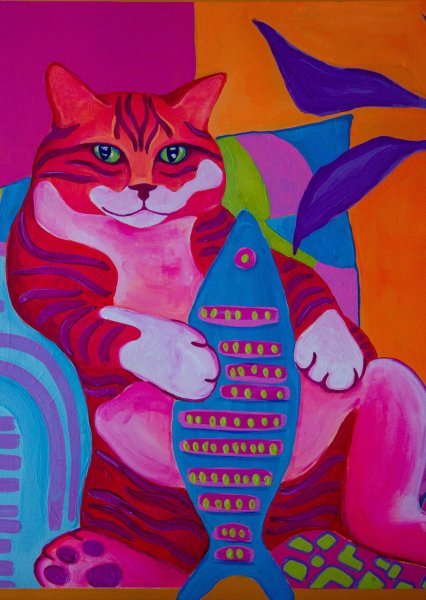 Painting Cat with fish, 2025 Painting by Oksana Chumakova
