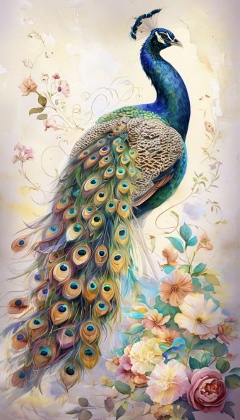 Arte digital "Pavo real y flores: la estética de la naturaleza", artista digital Viktoriya Denisenko en Jose Art Gallery