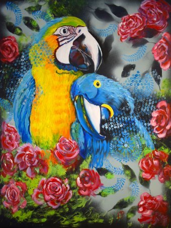 Parrots in roses