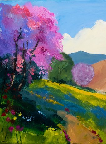 Painting "Almond tree in bloom in spring" by painter Patrick BAUQUEL acrylic canvas at Jose Art Gallery