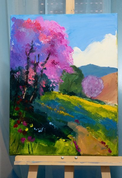 Additional view 7: Figurative Landscape Painting Almond tree in bloom in spring by painter Patrick BAUQUEL acrylic canvas 