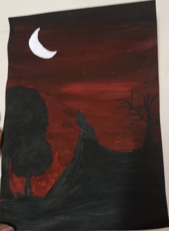 Drawing "Dire Wolf: Skyward Howl" by illustrator Black Dragon water colours paper at Jose Art Gallery