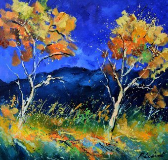 Painting "Two autumnal trees" by painter Pol Ledent oil canvas at Jose Art Gallery