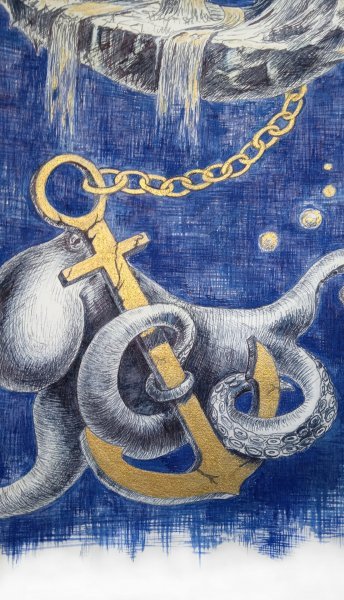 Additional view 1: Surrealism Mythological Drawing Dreams. Octopus by illustrator Olga Rybina drawing ink paper 