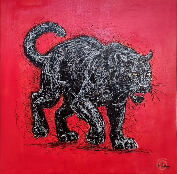 Arte moderno Animalista Pintura "Pantera negra" pintor Axelle Biltgen acrílico lienzo 