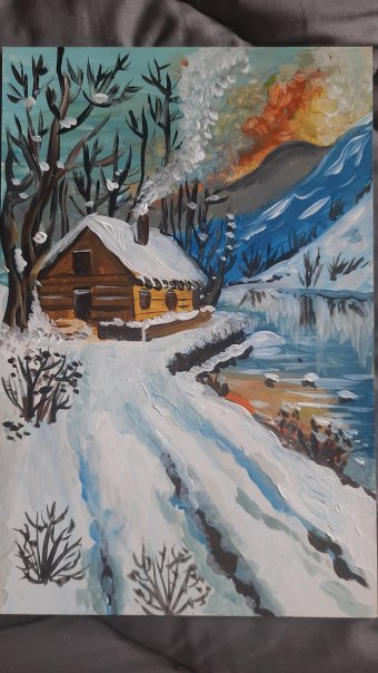 Painting "Evening winter landscape with mountains" by painter Elena Vinogradova acrylic cardboard at Jose Art Gallery
