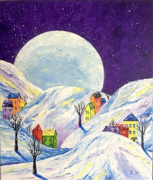 Импрессионизм Пейзаж Живопись "Зимняя Луна" живописец Людмила Рябкова масло холст 