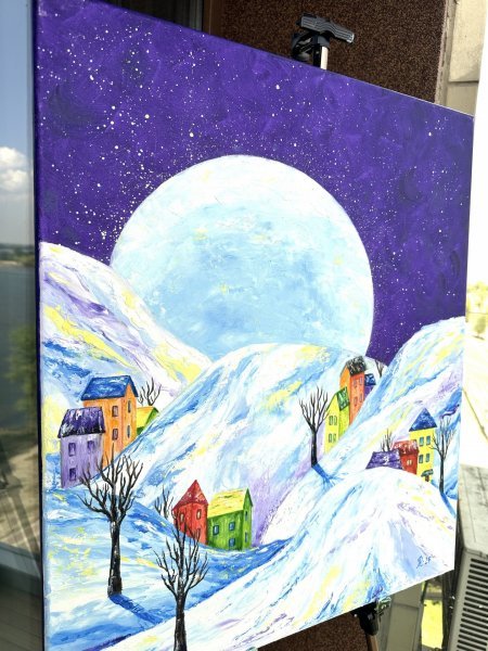 Дополнительное изображение 1: Импрессионизм Пейзаж Живопись "Зимняя Луна" живописец Людмила Рябкова масло холст 