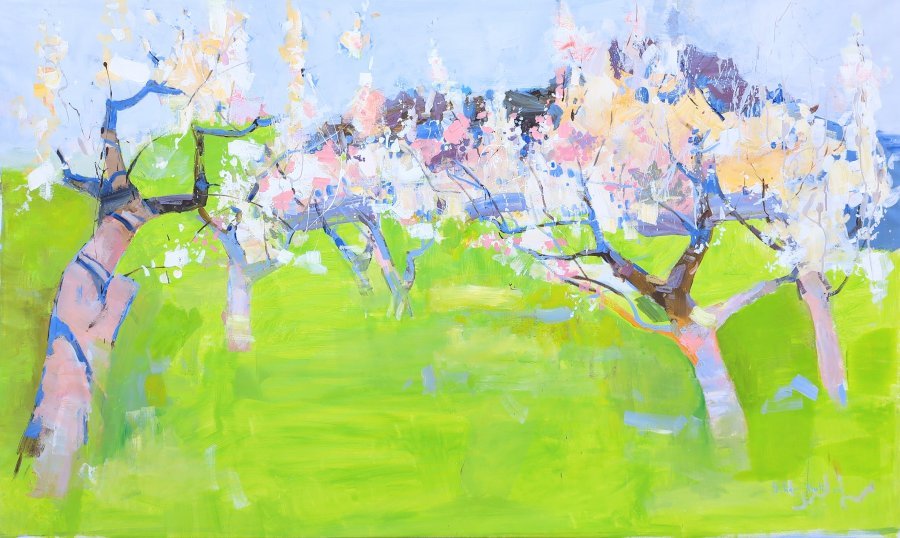 Expressionism Landscape Painting Spring garden by painter Yehor Dulin acrylic canvas 