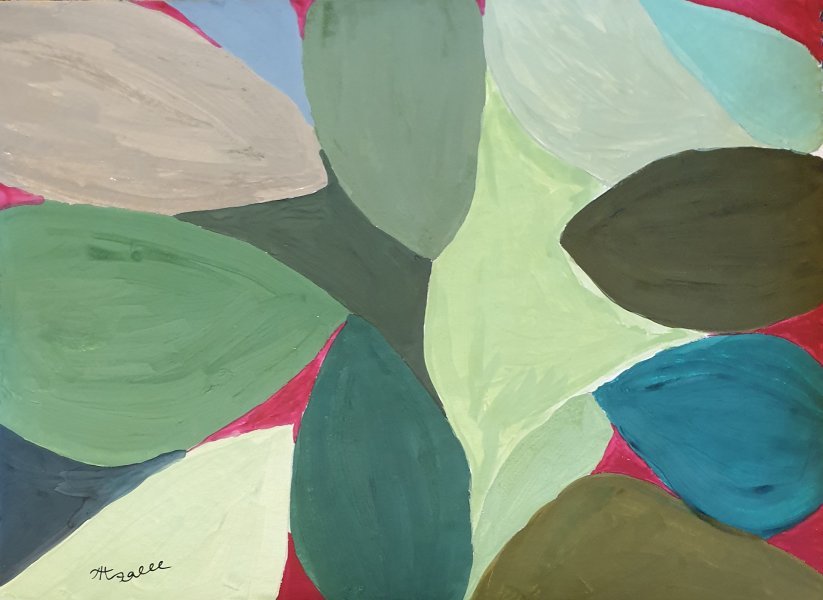 Abstract Genre Drawing Different green leaves by illustrator Arina Mari gouache paper 