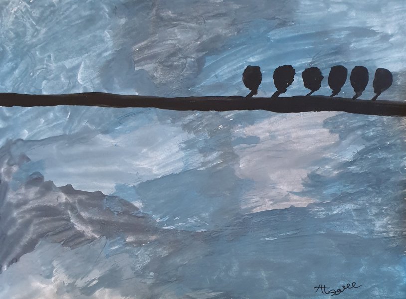Abstract Genre Drawing Birds by illustrator Arina Mari gouache paper 