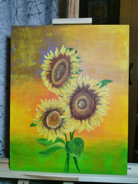 Fine Art Flower Painting Sunflowers by painter Oxana_art acrylic wood 