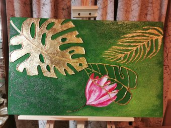 Pintura "Inspiración de la naturaleza. La belleza de la Monstera Dorada", pintor Oxana_art acrílico tejido en Jose Art Gallery