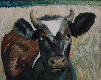 Peinture "Veau au pâturage de manière réaliste", peintre Aleksandr Melehov technique mixte carton à la Jose Art Gallery