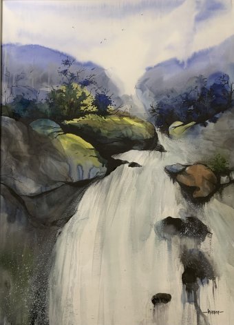 Pittura "Echi del flusso infinito", pittore Hanza Fathima acquerello carta alla Jose Art Gallery