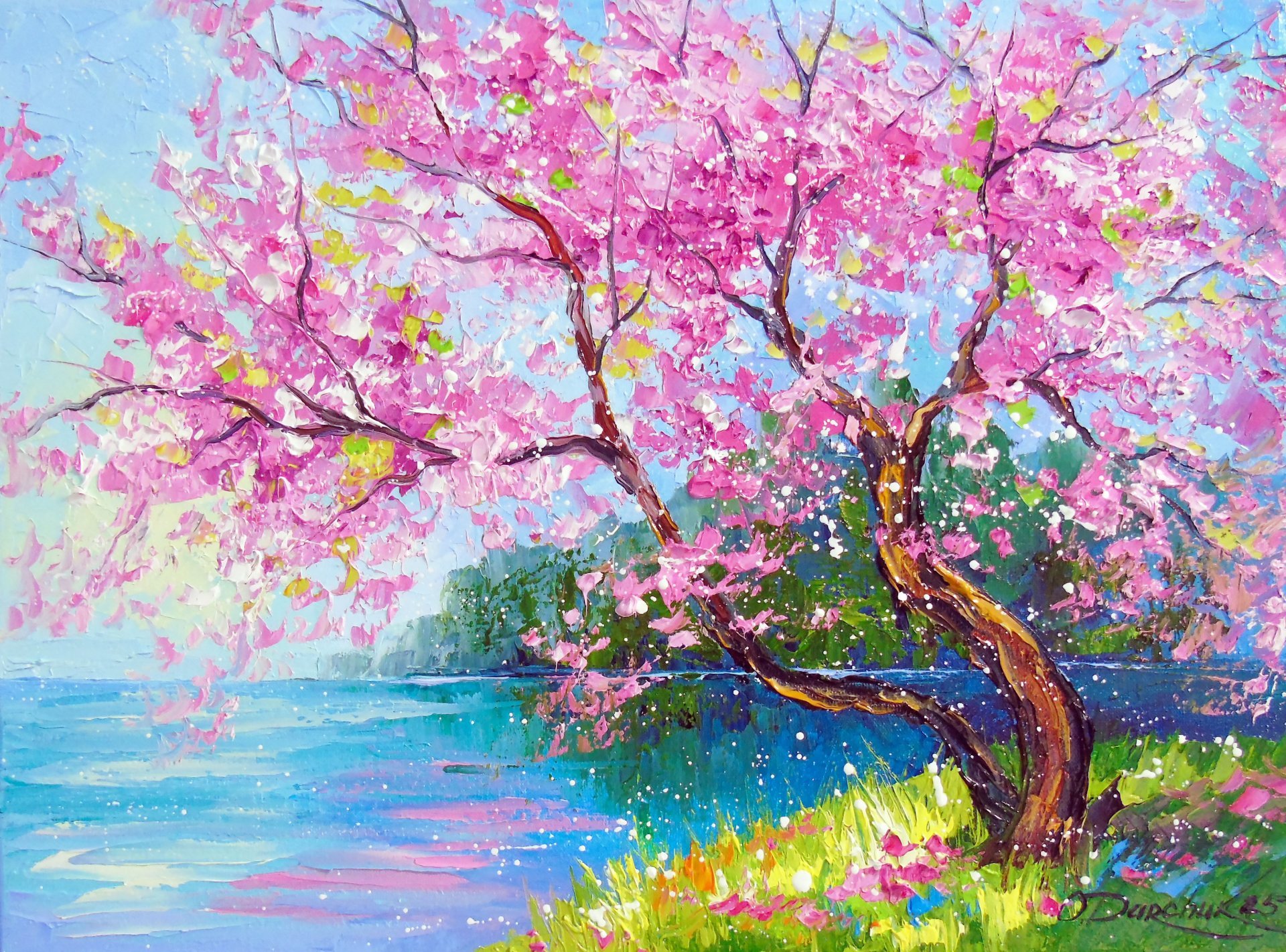 Flor de cerejeira à beira do rio Painting by Olga Darchuk