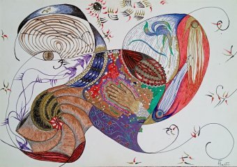 Grafica "Calore del tocco. Emozioni e desideri", illustratore Nana penna stilografica cartone alla Jose Art Gallery