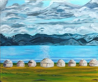 Painting "Yurts on the lake shore" by painter Yuliya Arendar acrylic canvas at Jose Art Gallery