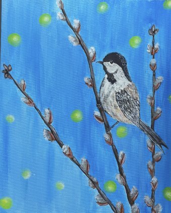 Painting "Sparrow on a willow: tenderness of spring" by painter Yuliya Arendar acrylic canvas at Jose Art Gallery