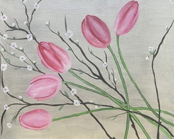 Painting "Spring tulips in apple blossom" by painter Yuliya Arendar acrylic canvas at Jose Art Gallery