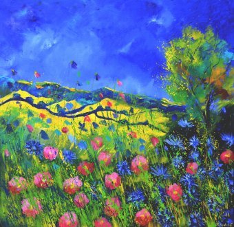 Painting "Wild pink flowers" by painter Pol Ledent oil canvas at Jose Art Gallery