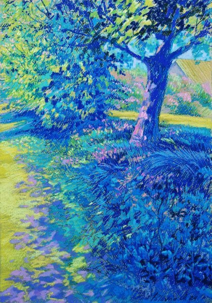 Impresionismo Paisaje Pintura "A la sombra de los árboles" pintor Olena Polovna pastel papel 