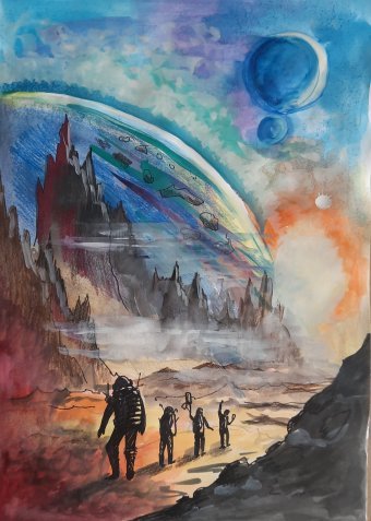 Живопис "Сонячне Світло та Люди Майбутнього", живописець Елена Виноградова акварель папір в Jose Art Gallery