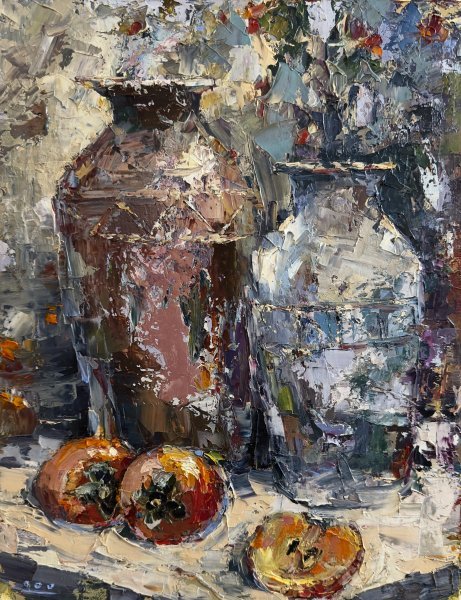 The Secret of Autumn: Persimmon and Jugs Painting by Oleg