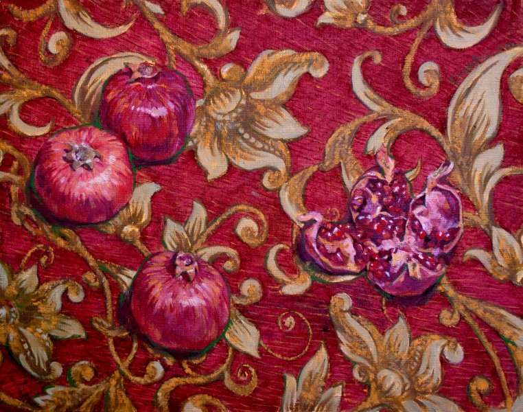 Modern Still-Life Painting Pomegranate Pattern: Symbol of Wealth and Love by painter Svetlana Komarova oil canvas 